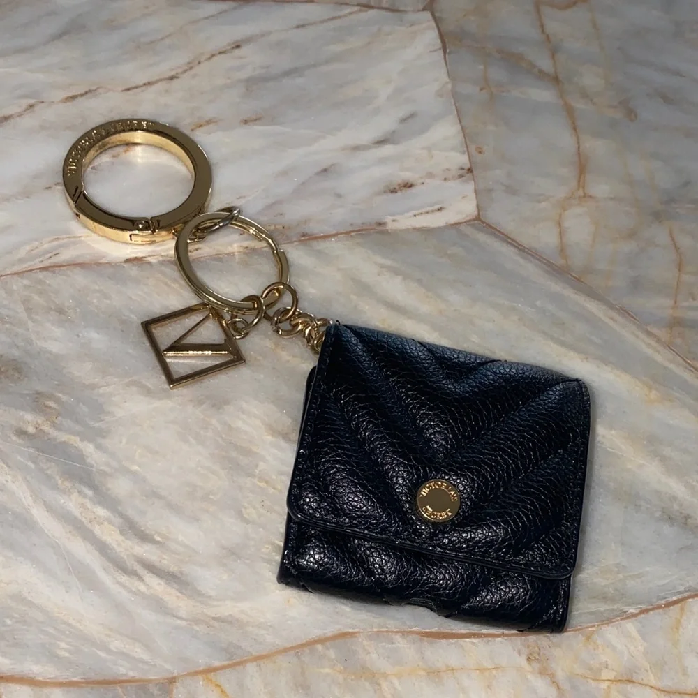 Victorias Secret Black Quilted Mini Pouch Keychain Gold V Logo Charm Case